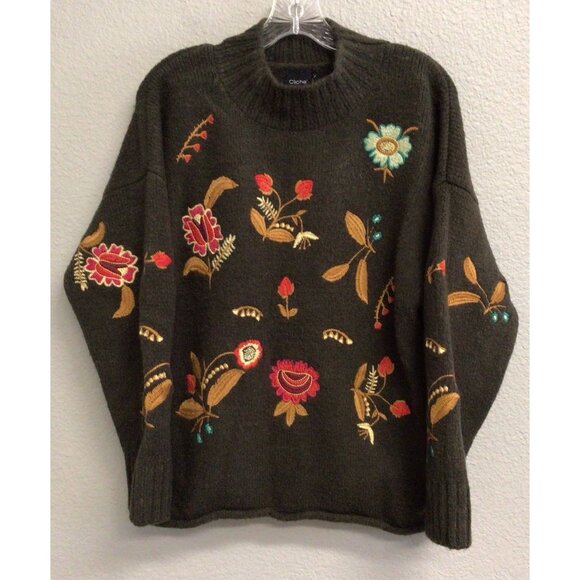 Vintage Cliche Floral Embroidered Mock Neck Pullover Sweater Green Size Large - Picture 1 of 8